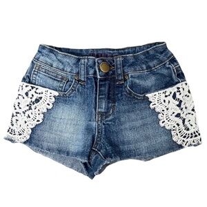 Franki & Jack Girls Blue Jean Short Shorts With White Lace Detail - Size XS